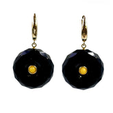 Black Amber Tablet Dangle Earrings 14K Gold Plated